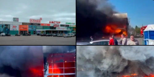 Un mall din oraşul Kremenciuk lovit de rachete foto tWITTER