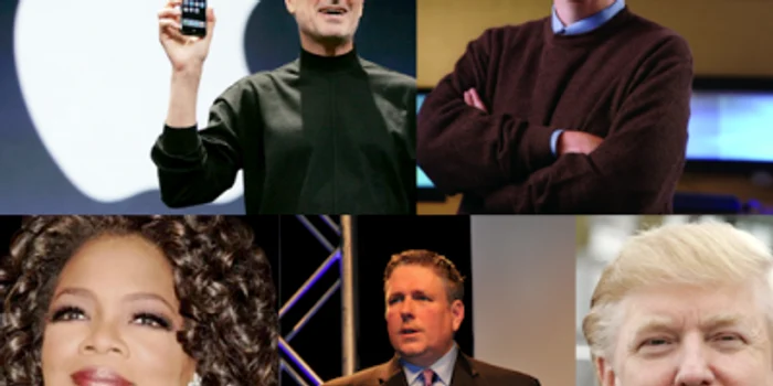 Steve Jobs (stânga, sus), Oprah Winfrey (stânga, jos) şi Donald Trump (dreapta, jos) se numără printre antreprenorii de succes care au avut viziunea şi curajul de a începe propria afacere