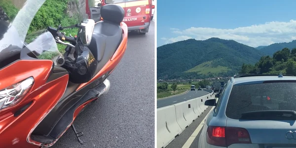 Scuterul de Bucureşti care a intrat într-un parapet de pe Valea Oltului la Câineni - Vâlcea şi coada de maşini de pe DN 7 din zona Boiţa - Sibiu Foto colaj