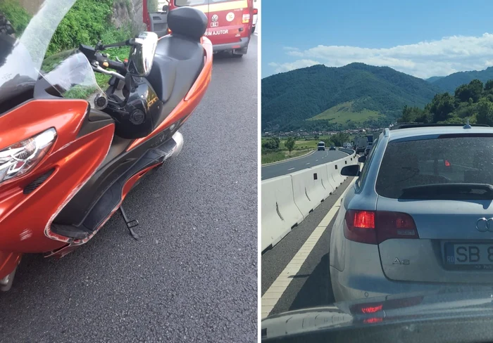 Scuterul de Bucureşti care a intrat într-un parapet de pe Valea Oltului la Câineni - Vâlcea şi coada de maşini de pe DN 7 din zona Boiţa - Sibiu Foto colaj