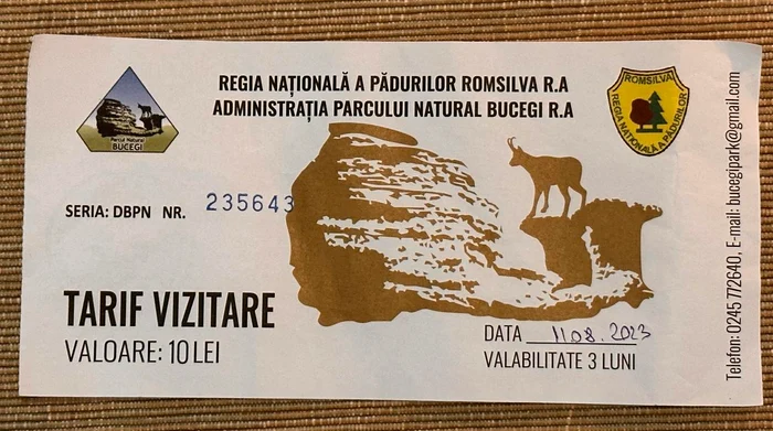 Bilet de vizitare a Parcului Natural Bucegi. FOTO Asociația Turistică Peștera - Padina / Facebook