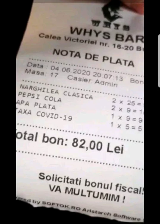 Pe nota de plată eliberată de WHYS Bar apare taxa COVID 19