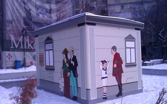 Zoe şi Zaharia Trahanache, pe transformatorul Enel din Centrul Vechi. FOTO Enel