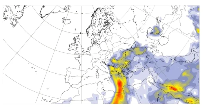 Evoluția masei de praf saharian pe 27 martie, la ora 14. FOTO ANM