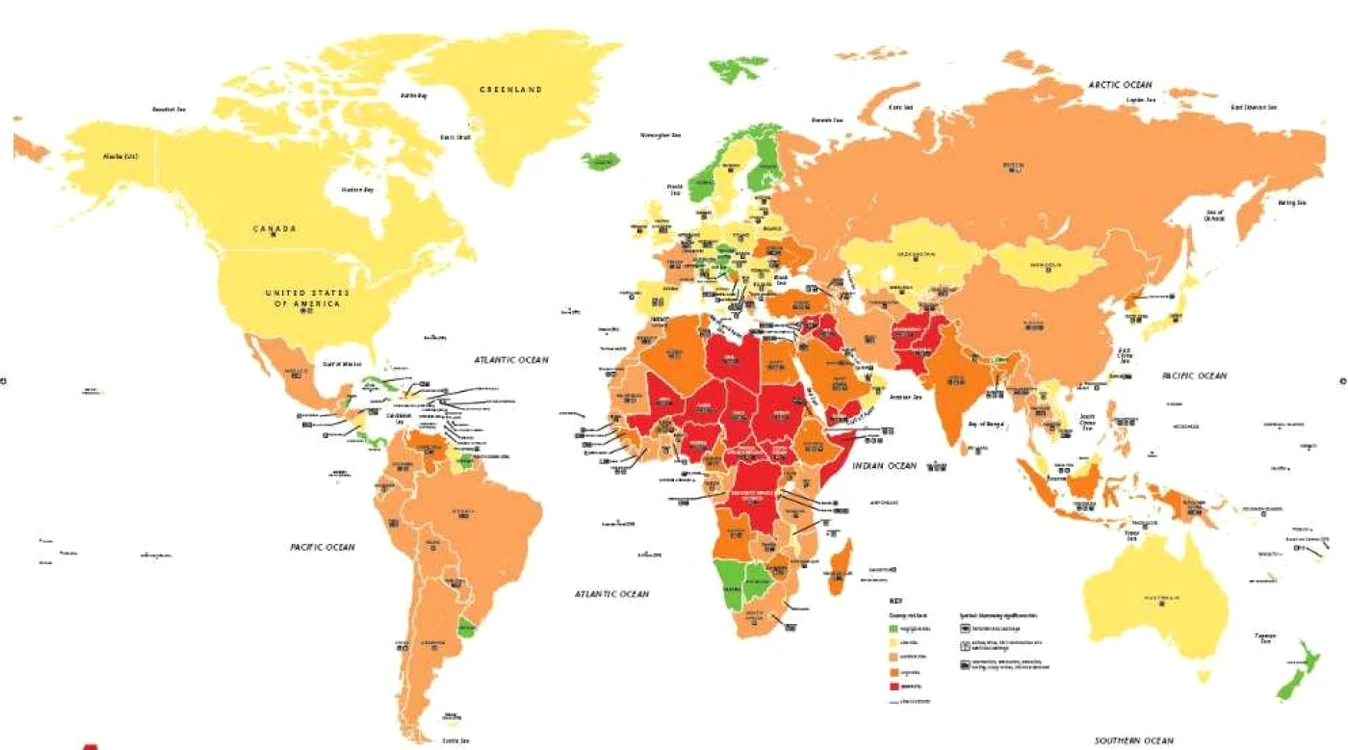 Harta tarilor in functie de riscurile de atacuri teroriste 2016 FOTO AON Risk via Les Echos