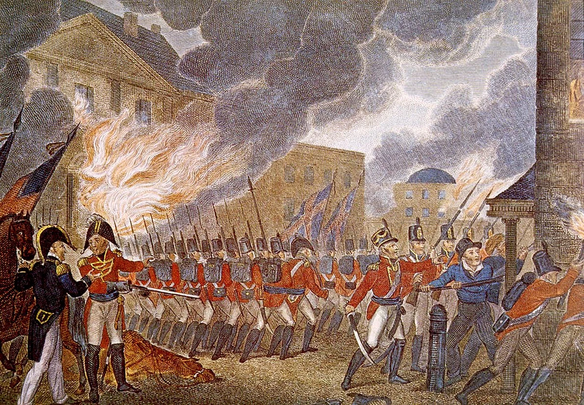 Britanicii incendiază Washingtonul. Ilustrație din 1816 (©  Wikimedia Commons)