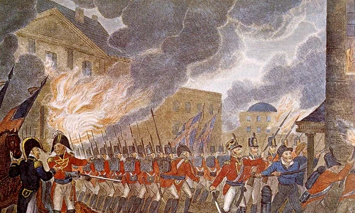 Britanicii incendiază Washingtonul. Ilustrație din 1816 (©  Wikimedia Commons)