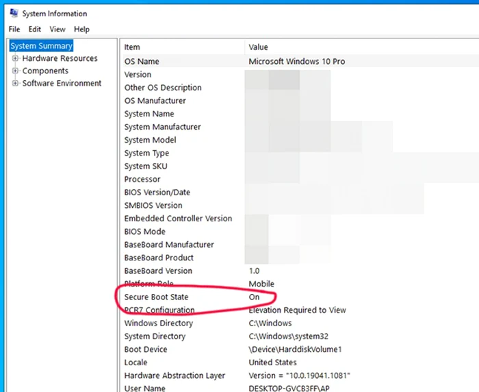 System Information Secure Boot On