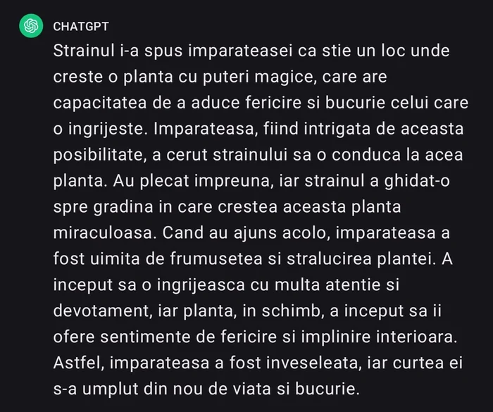 Răspunsul exercițiului generat de ChatGPT