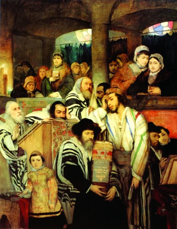 Evrei rugându-se în sinagogă la sărbătoarea Iom Kipur, tablou de Maurycy Gottlieb, 1878 (Muzeul de Artă din Tel Aviv)