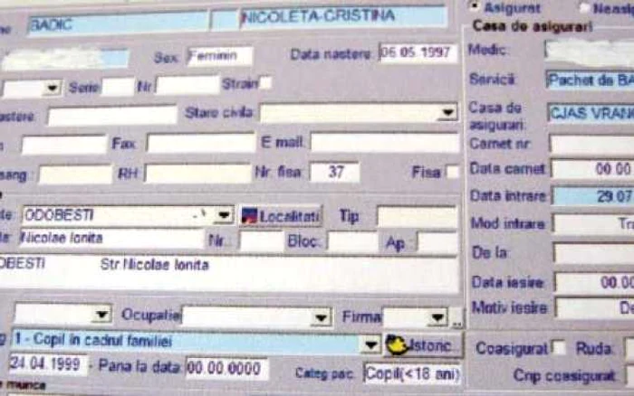 Copie de pe pagina din sistem în care Nicoleta apare decedată, fără să se precizeze data „morţii“