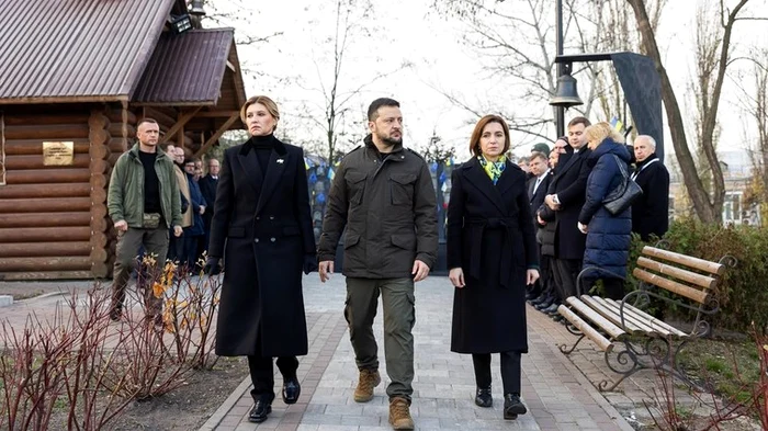 Maia Sandu și cuplul Zelenski au participat la o ceremonie de comemorare. FOTO: Unian