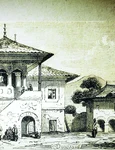 Han cu biserică din Valahia. Desen de Ch. Dessault, din 1854