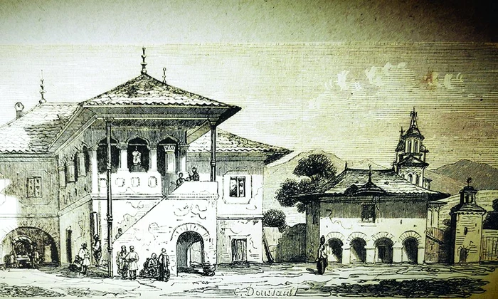 Han cu biserică din Valahia. Desen de Ch. Dessault, din 1854