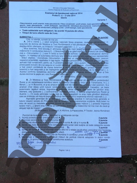 Subiectele la proba de Istorie 