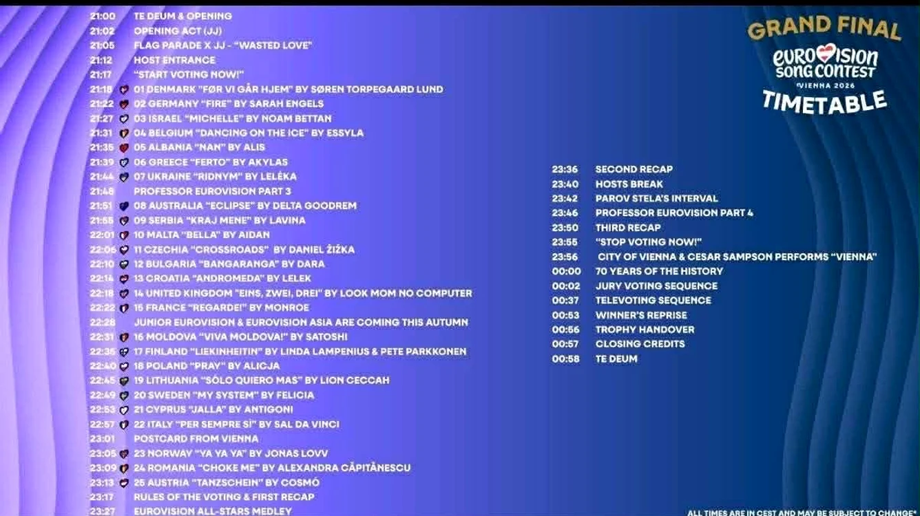 Programul finalei Eurovision 2026 foto: Facebook 
