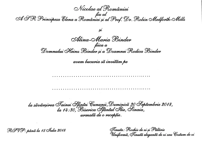 În invitația la nuntă a Principelui Nicolae este menționată ținuta obligatorie