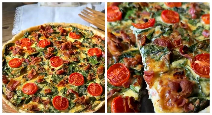 Tartă cu bacon, roșii și mozzarella / Foto: Colaj captură video TikTok