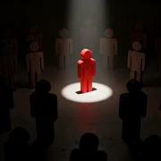 red figure standing out in spotlight surrounded by dark figures in a dim room symbolizing leadership individuality and standing out from the crowd photo jpg
