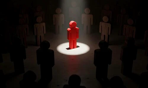 red figure standing out in spotlight surrounded by dark figures in a dim room symbolizing leadership individuality and standing out from the crowd photo jpg