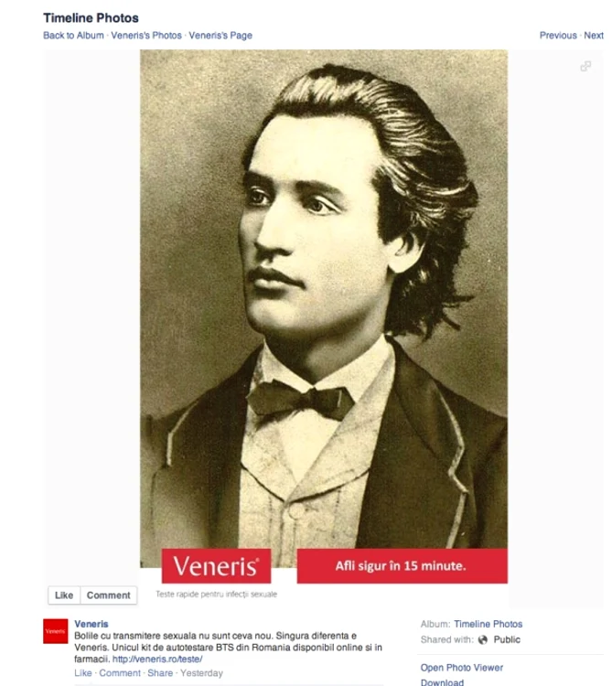 
    Mihai Eminescu în campania "Veneris. Afli sigur în 15 minute"Foto: Facebook  