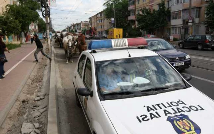 Căruţele au fost oprite în trafic de un echipaj al Poliţiei Locale (Foto: Florin Chirica)