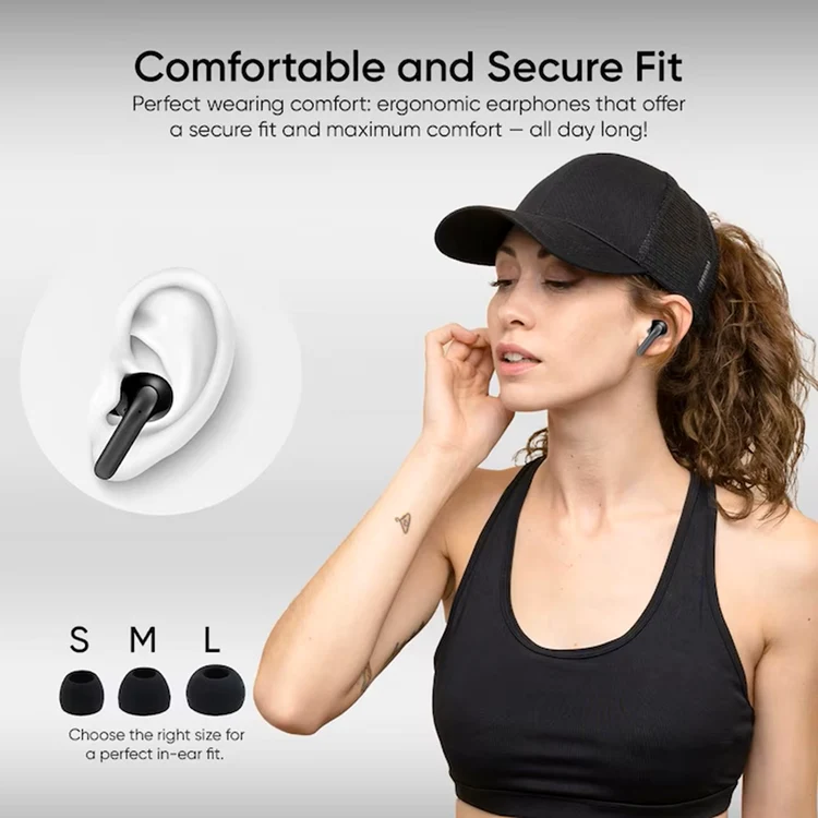 Imagine promoțională a căștilor wireless Rotter, cu accent vizual pe confort și fixare sigură / eMAG