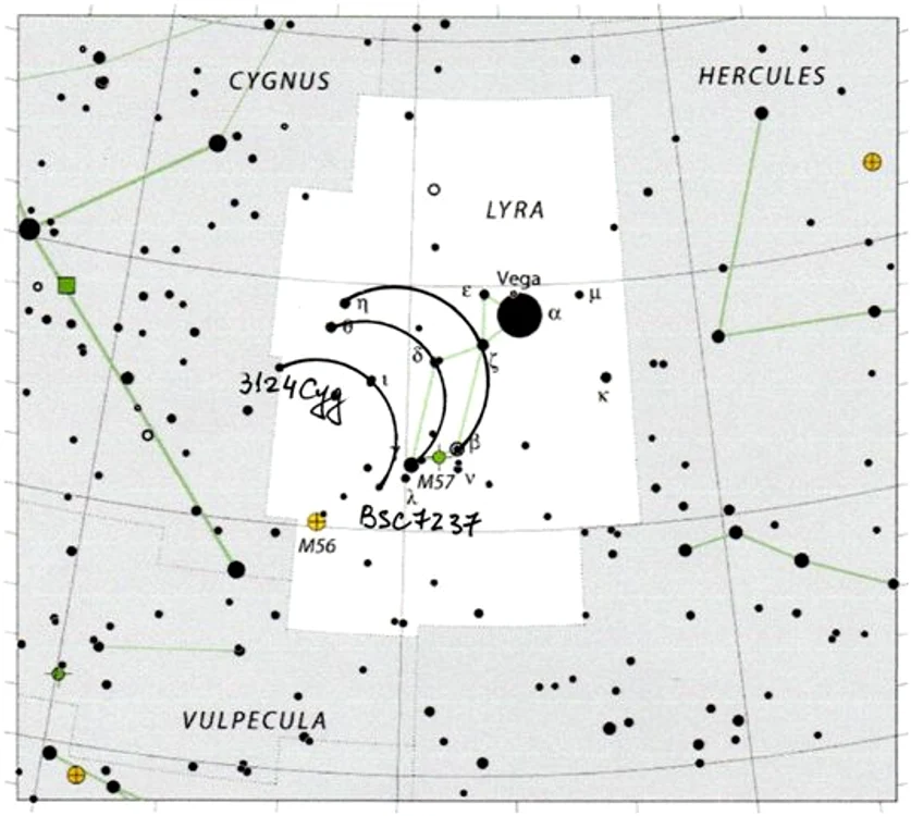 Fig. 6. Simbolul din partea superioară a hieroglifei nr. 2. Reprezentare în constelația Lira.
 Fig.6. Representation of the symbol in the upper part of hieroglyph no. 2 in Lyra constellation.