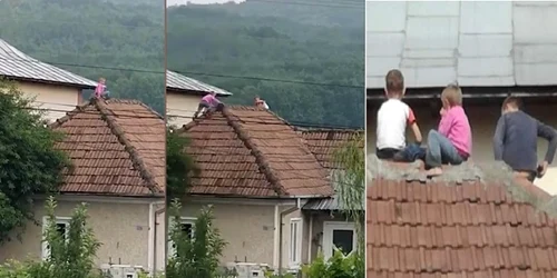 Copiii din Râmnicu Vâlcea jucându-se pe acoperişul casei Foto colaj