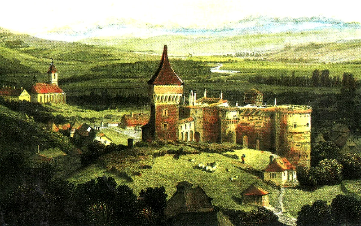 Castelul Corvinilor, înainte de a fi restaurat. Gravură de Ludwig Rohbock