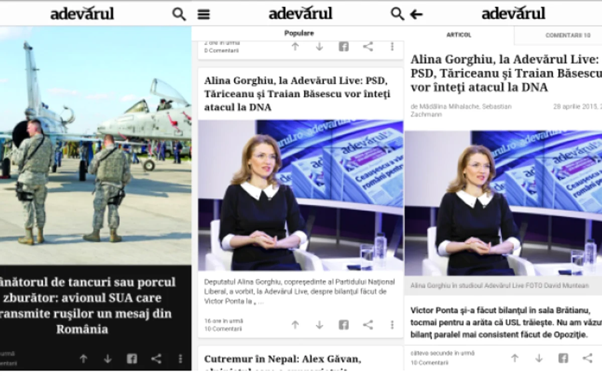 Captura cu noua aplicatie a site-ului adevarul de pe telefoanele care folosesc sistemul de operare Android