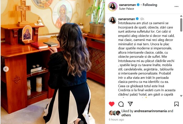 Fotografia postată de Oana Roman - Sursă: Instagram