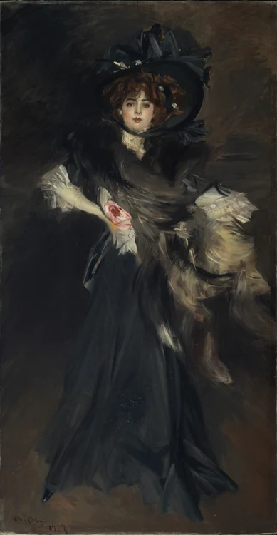 „Portretul Domnişoarei Lanthelme”,  pictură din 1907 a lui Giovanni Boldini; actriţă,  model şi curtezană,  Genevieve Lanthelme poartă o rochie Doucet