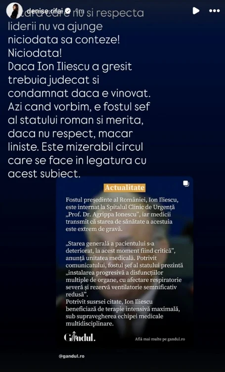 Mesajul publicat de Denise Rifai / foto: Instagram