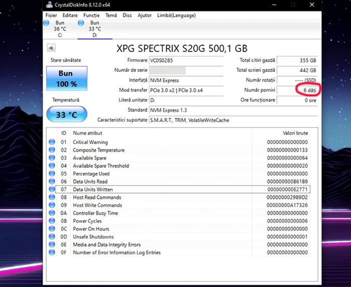 SSD XPG SPECTRIX S20G RGB CrystalDiskInfo