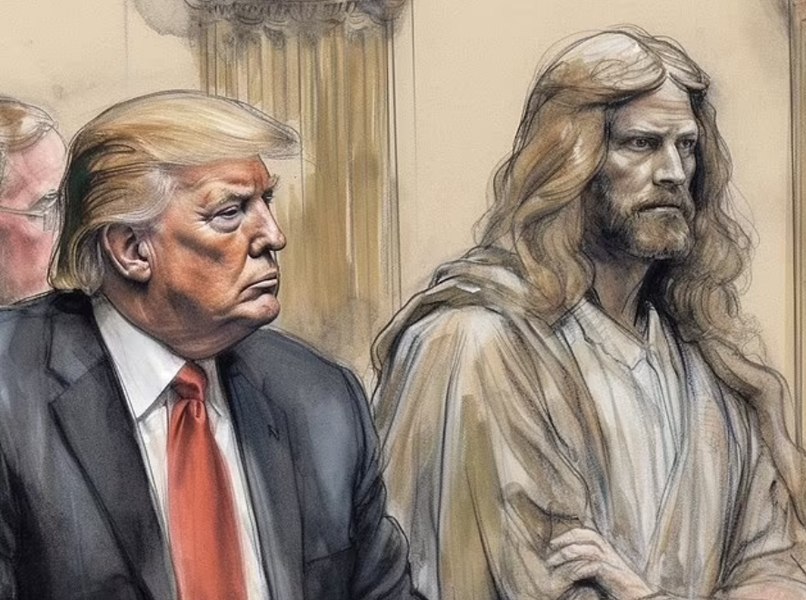 Schiță bizară care îl înfățișează pe Trump la tribunal alături de Isus FOTO