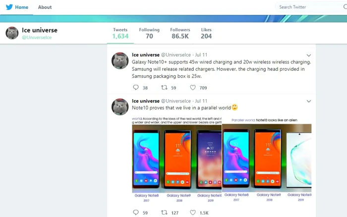 Samsung Note 10 incarcare Ice Universe Twitter