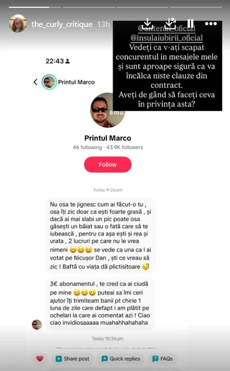 Mesajul primit de influenceriță de la Prințul Marco.