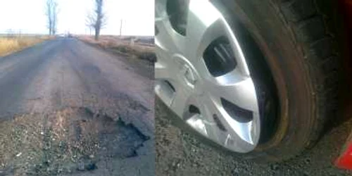 Craterul din șosea și roata mașinii ”victimă”