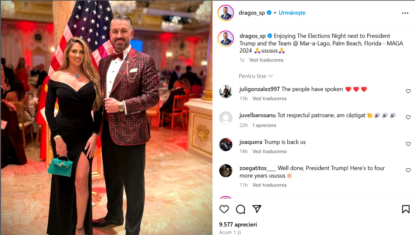 Dragoș Sprînceană împreună cu soția la Mar-a-Lago. Sursă foto: Instagram