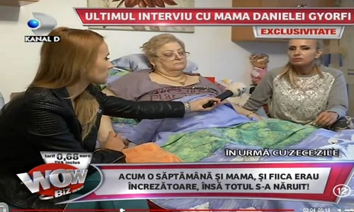 Mama Danielei Gyorfi nu arăta prea bine acum zece zile, când a acordat ultimul interviu pentru Kanal D (captură: Kanal D) jpeg