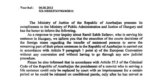 Scrisoarea Ministerului Justiției din Azerbaidjan