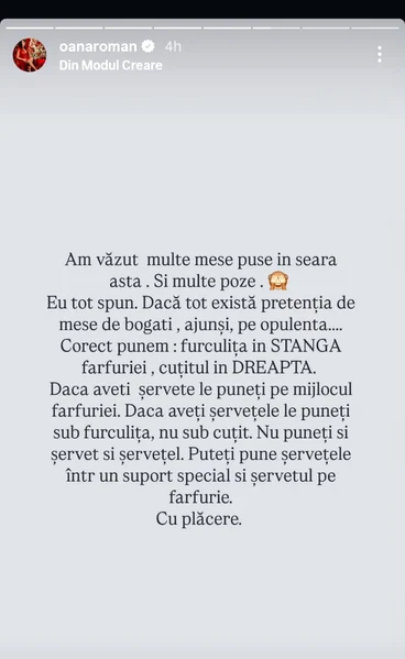 Mesajul Oanei Roman - Foto: Instagram
