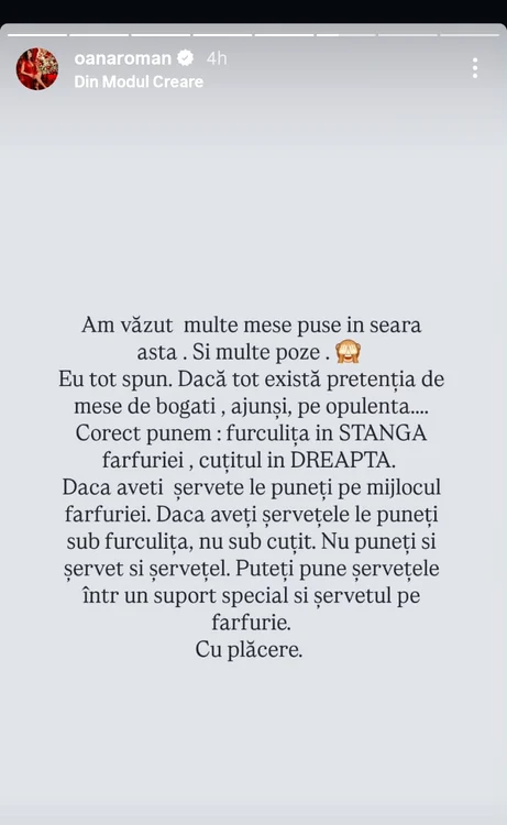 Mesajul Oanei Roman - Foto: Instagram