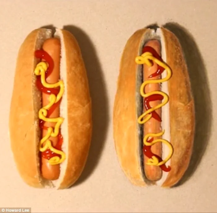 Hotdog-ul real este cel din partea stângă (cum privim către ecran), iar cel din dreapta este falsul. FOTO Captură