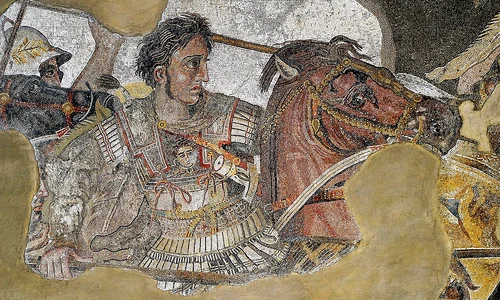 Alexandru cel Mare, în Bătălia de la Issos. Detaliu dintr-un mozaic roman descoperit la Pompeii 