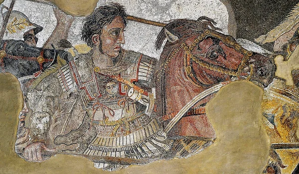 Alexandru cel Mare, în Bătălia de la Issos. Detaliu dintr-un mozaic roman descoperit la Pompeii 
