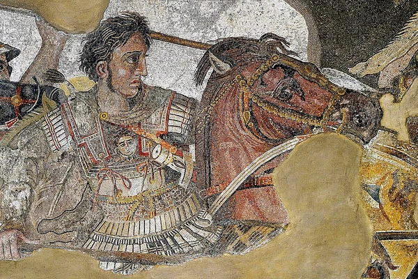 Alexandru cel Mare, în Bătălia de la Issos. Detaliu dintr-un mozaic roman descoperit la Pompeii 