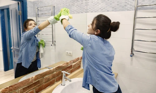 housewife woking home lady blue shirt woman bathroom jpg