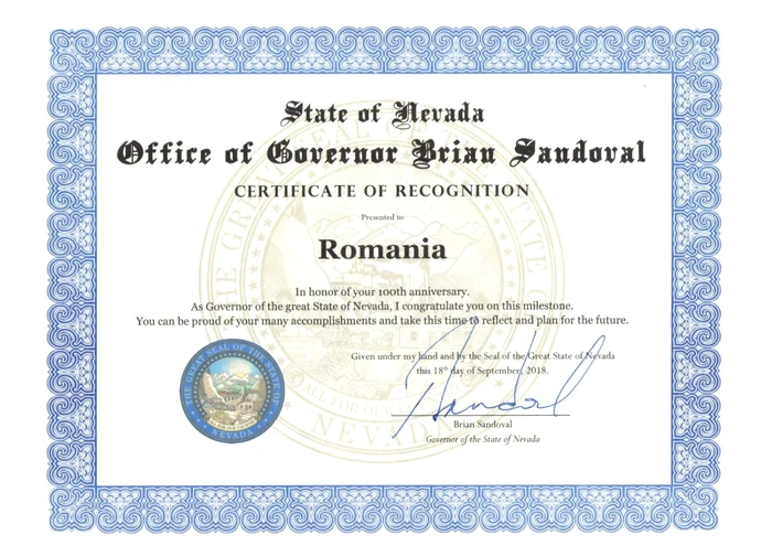 Proclamaţia de Centenarul României de la statul Nevada Sursa Facebook Ambasada României în SUA